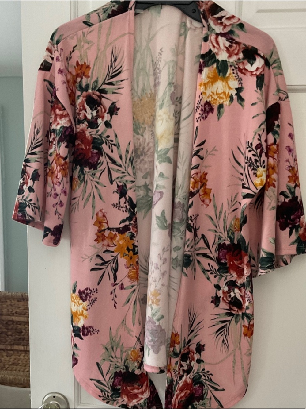 Women's Pink Floral Kimono Robe - Lightweight Open Front
